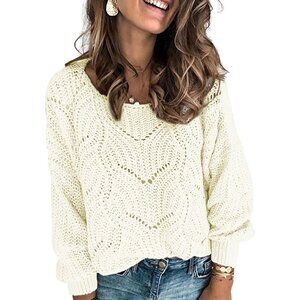 Women's White Cute Elegant Soft Crew Neck Long Sleeve Knit Pullover Sweaters
